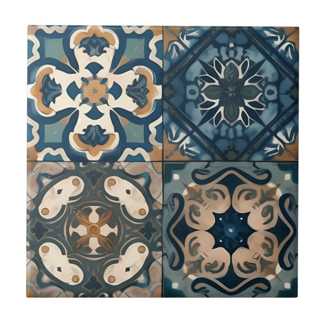 Stunning Blue and Brown Moroccan Ceramic Tile Kakelplatta (Framsidan)