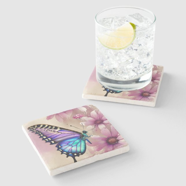 Stunning Blue Butterfly och Rosa Flowers Stenunderlägg (Sidan)