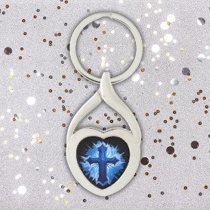 Stunning Blue Christian Kor på svart   Twisted Heart Silverfärgad Nyckelring