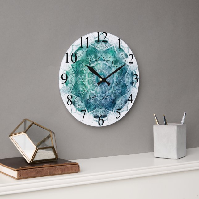 Stunning blue/grönt Mandala Clock Stor Klocka (Kontor)