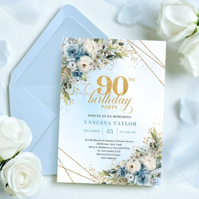 Stunning Boho Dusty Blue Floral Gold 90th Birthday Inbjudningar (Stunning Boho Dusty Blue Floral Gold 90th Birthday)