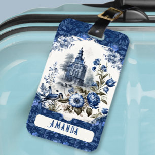 Stunning castle blommigt Blue toile de jouy monogr Bagagebricka