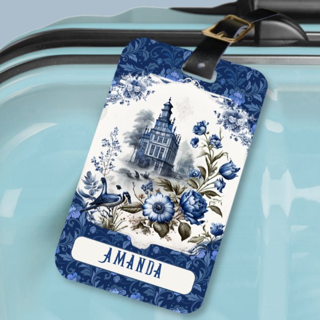 Stunning castle blommigt Blue toile de jouy monogr Bagagebricka (Skapare uppladdad)