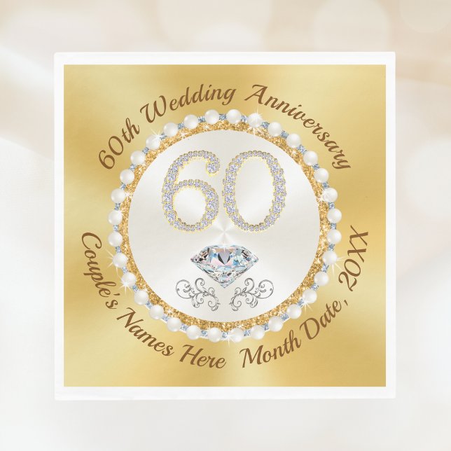 Stunning Diamond, 60:e Bröllop-årsdagslöjor Pappersservett (60th wedding anniversary napkins. Diamond anniversary napkins. Transfer to paper plates and napkin)