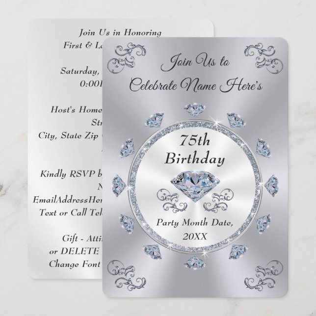 Stunning Diamond, 75:e födelsedagekort Inbjudningar (Fram/baksida)