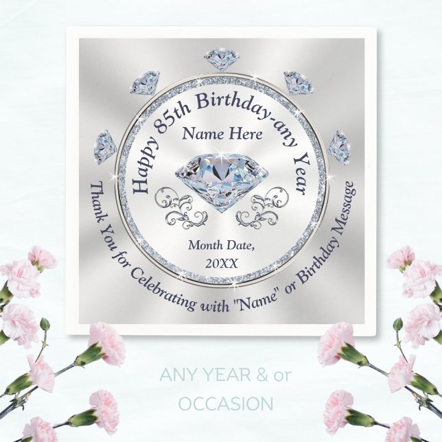 Stunning Diamond themed, 85th Birthday Napkins Pappersservett (85th birthday napkins. Custom, 85th birthday plates and napkins. 85th birthday table decorations.)