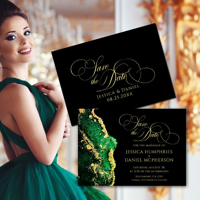 Stunning Emerald Grönt Black Guld Bröllop Spara Datumet (Stunning Emerald Green Black Gold Wedding Save The Date)