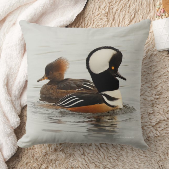 Stunning Hooded Merganser Anka vid Winter Pond Kudde (Filt)