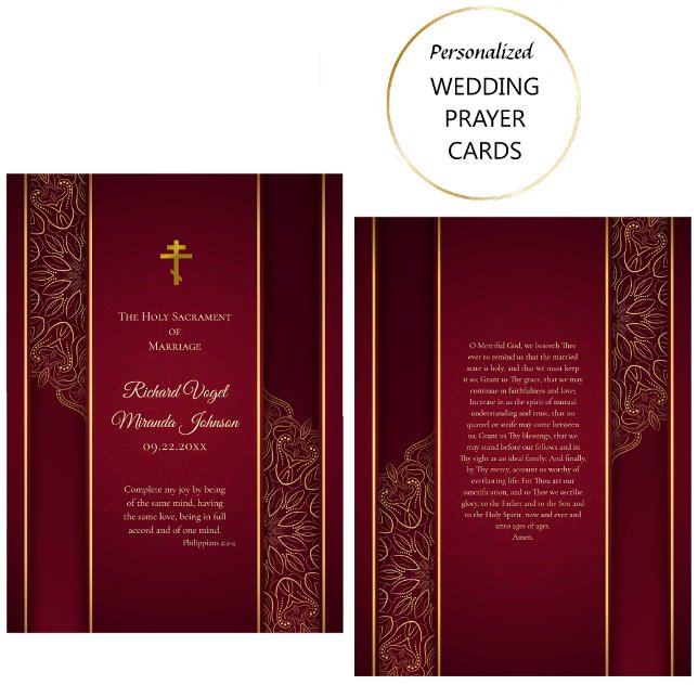 Stunning Maroon Guld ortodox Bröllop Prayer Card Placeringskort (Skapare uppladdad)