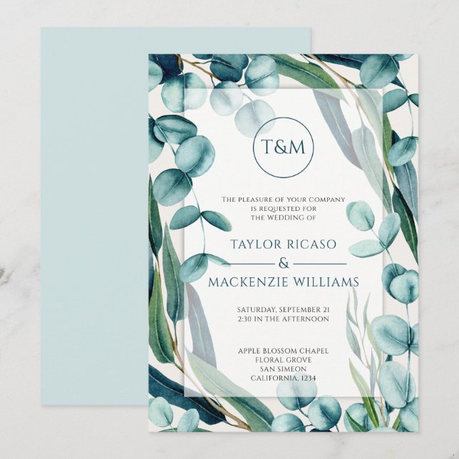 Stunning Modern Monogram Eucalyptus Bröllop Inbjudningar (Fram/baksida)