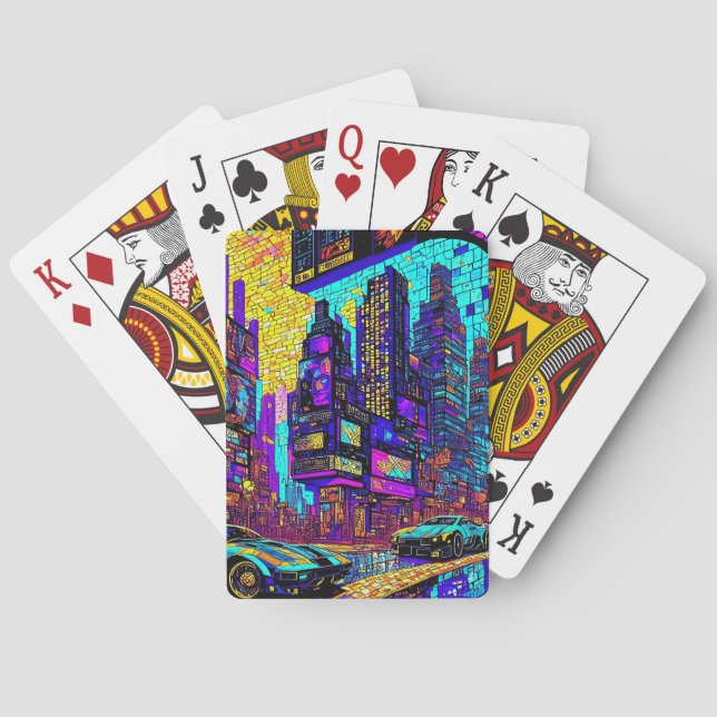 Stunning Mosaic Stached Glass Neon Cyberpunk City Casinokort (Baksidan)