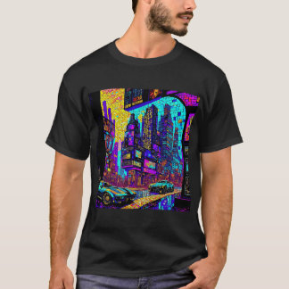 Stunning Mosaic Stached Glass Neon Cyberpunk City T Shirt