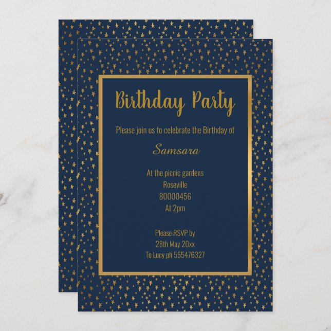 STUNNING NAVY GULD TRIM ELEGANT BIRTHDAY INBJUDNINGAR (Fram/baksida)