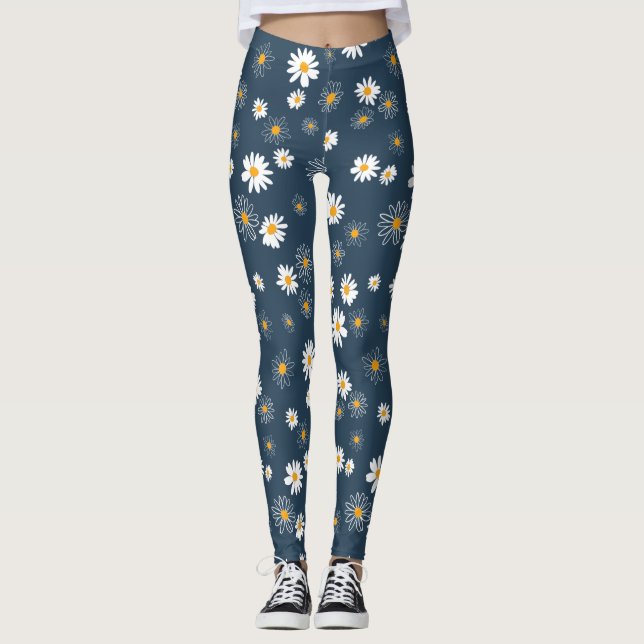 Stunning Navy Gult White Classic Daisy Flowers Leggings (Framsida)
