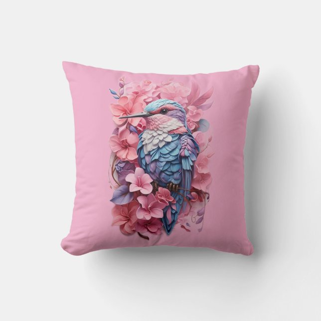 Stunning Pastel Hummingbird Floral Throw Pillow Kudde (Framsida)