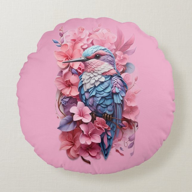 Stunning Pastel Hummingbird Floral Throw Pillow Rund Kudde (Framsidan)