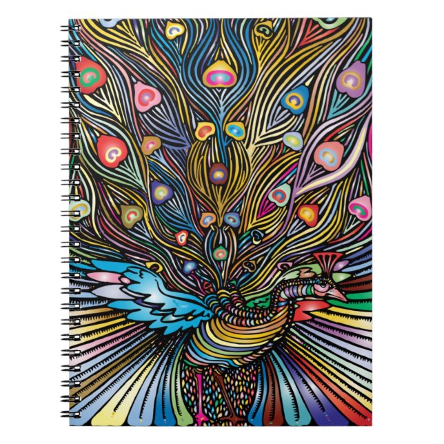 Stunning Peacock i Huichol Stil Art Anteckningsbok (Framsidan)