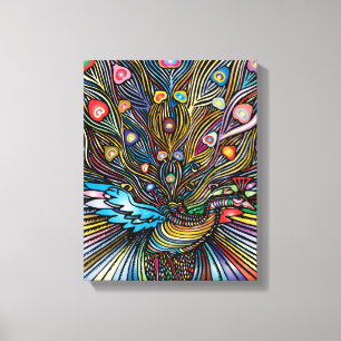 Stunning Peacock i Huichol Stil Art Canvastryck