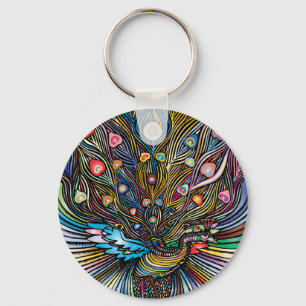 Stunning Peacock i Huichol Stil Art Nyckelring