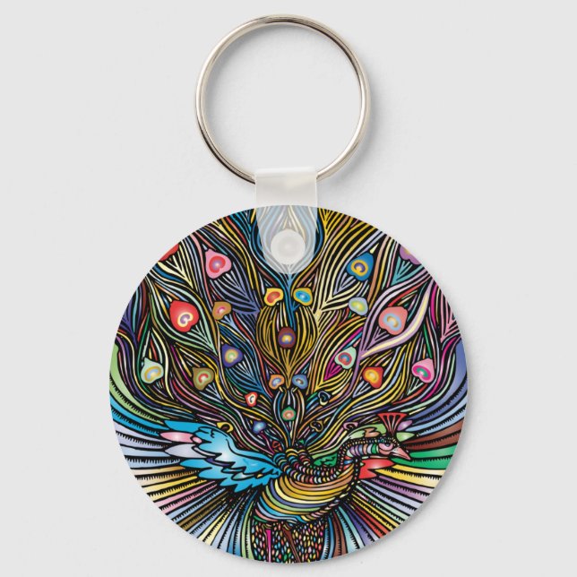 Stunning Peacock i Huichol Stil Art Nyckelring (Framsida)