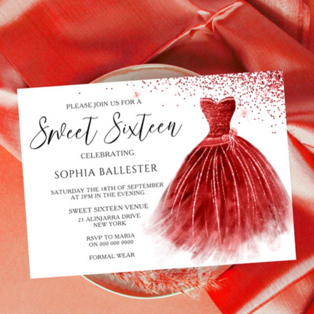 Stunning Red Glitter Gown Dress Sweet 16 Party Inbjudningar (Skapare uppladdad)