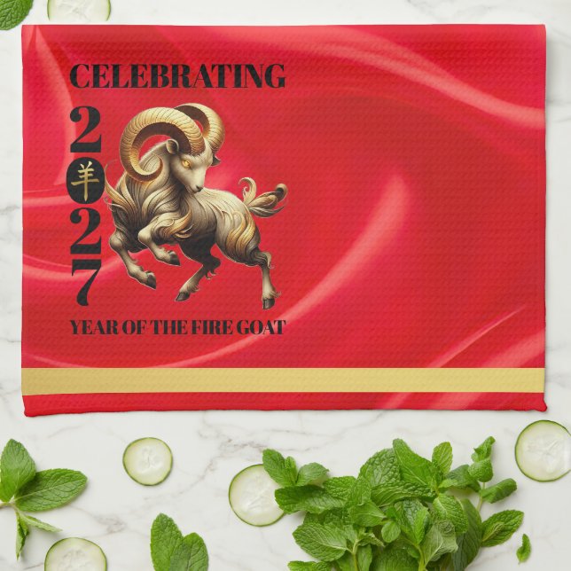 Stunning Red Gold Chinese Year of Fire Goat 2027 Kökshandduk (Vikta)