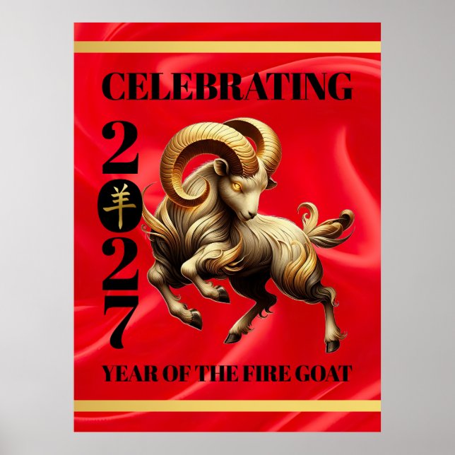 Stunning Red Gold Chinese Year of Fire Goat 2027 Poster (Framsidan)