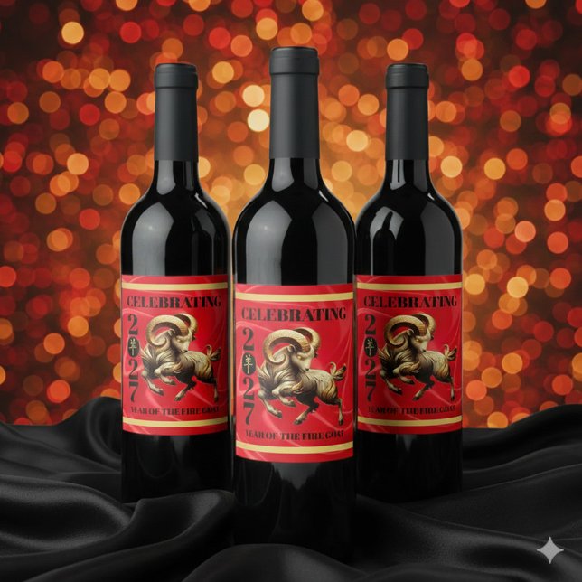 Stunning Red Gold Chinese Year of Fire Goat 2027 Vinflaska Etikett (Stunning Red & Gold Chinese Year of the Fire Goat 2027 Wine Labels Cover Photo)