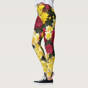 Stunning Red Guld Autumn Chrysanthemum Flowers Leggings