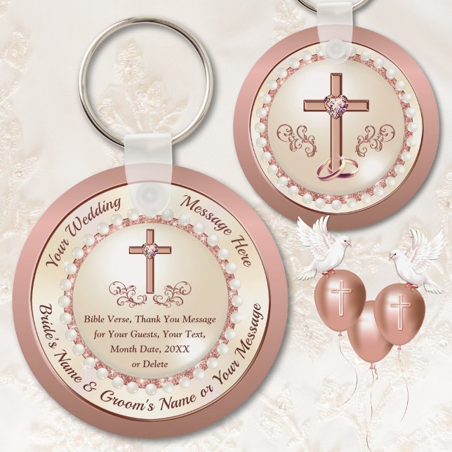 Stunning Ro Guld, kristen bröllopsförespråkare Idé Nyckelring (Christian wedding favors for guests. Rose Gold and Champagne Wedding Theme. Elegant baptism favors.)