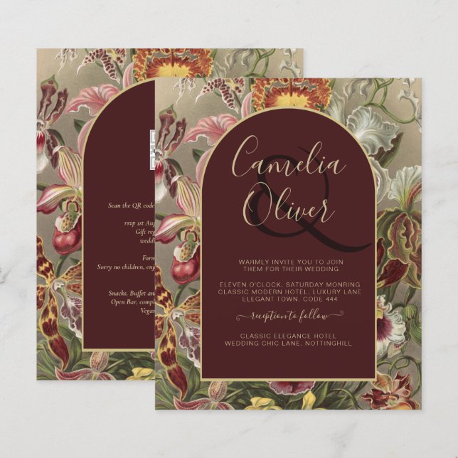 Stunning Vintage Botanical Burgundy Floral Weddin (Fram/baksida)