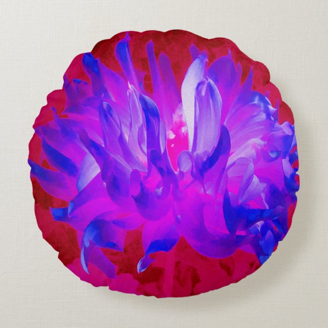 Stunning Violet Blue och Shock rosa Cactus Dahlia Rund Kudde (Framsidan)