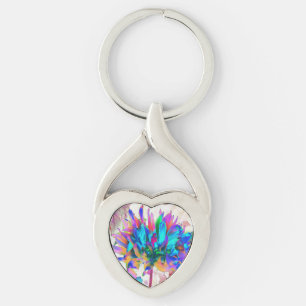 Stunning Watercolor Rainbow Cactus Dahlia Twisted Heart Silverfärgad Nyckelring