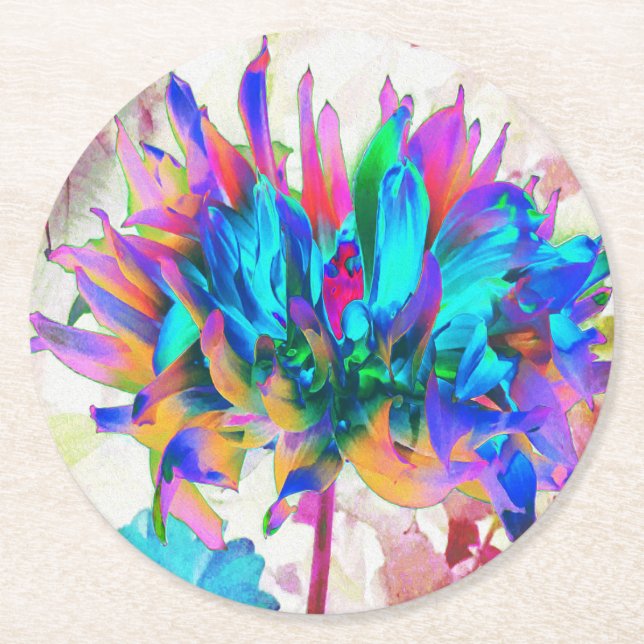 Stunning Watercolor Rainbow Cactus Dahlia Underlägg Papper Rund (Framsidan)