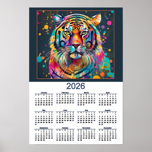 Stunning Watercolor Tiger 2026 Calendar  Poster (Framsidan)