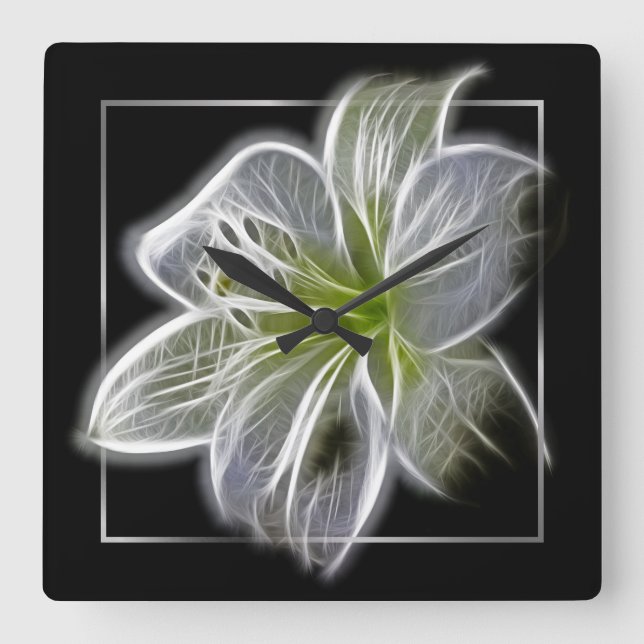 Stunning White Lily Fractal Art Black Fyrkantig Klocka (Framsida)