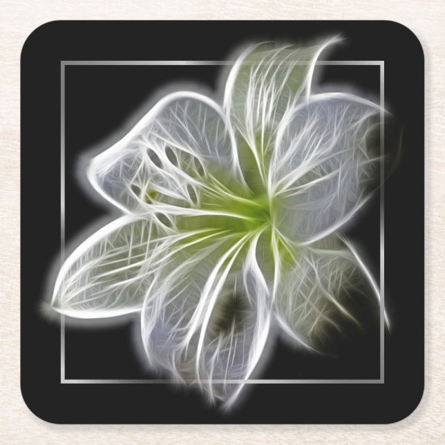 Stunning White Lily Fractal Art Black Underlägg Papper Kvadrat (Framsidan)