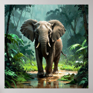 Stunning Young Elephant under Rain i Jungle Poster