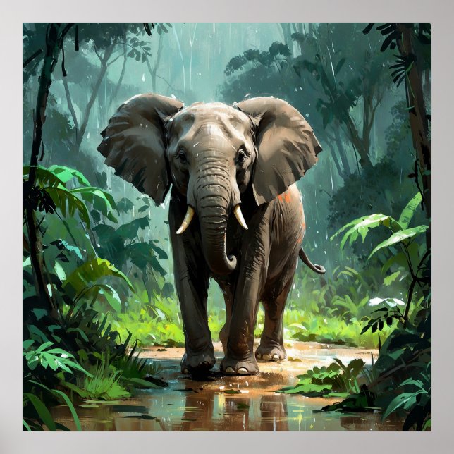 Stunning Young Elephant under Rain i Jungle Poster (Framsidan)