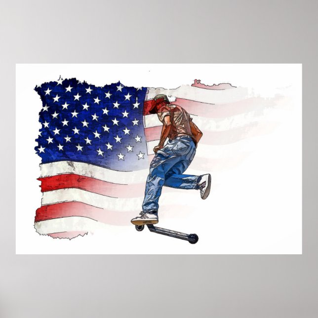 Stunt Scooter Rider och US Flagga Poster (Framsidan)