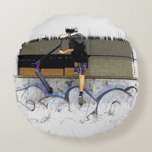 Stunt Scooter Rider Rund Kudde (Framsidan)