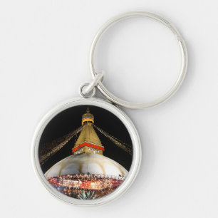Stupa Boudhanath, Kathmandu på natten - Nepal Rund Silverfärgad Nyckelring