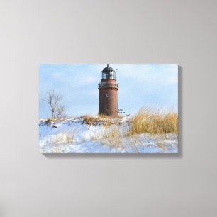 Sturdy Lighthouse på en Rocky Kusten på vinter Canvastryck