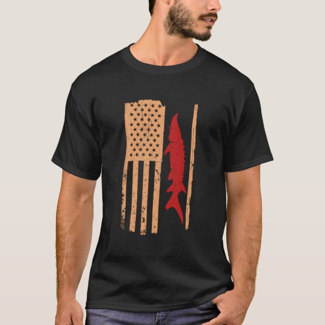 Sturgeon Fish Retro USA flagga T Shirt (Framsida)
