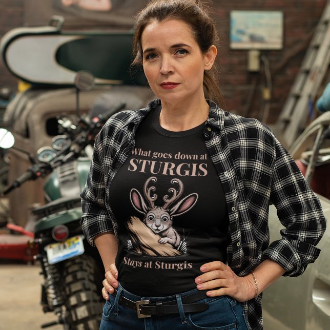 Sturgis Funny Motorcyclist Biker Lifestyle Humor T Shirt (woman wearing a plaid jacket and Sturgis motorcycle gathering t-shirt
)