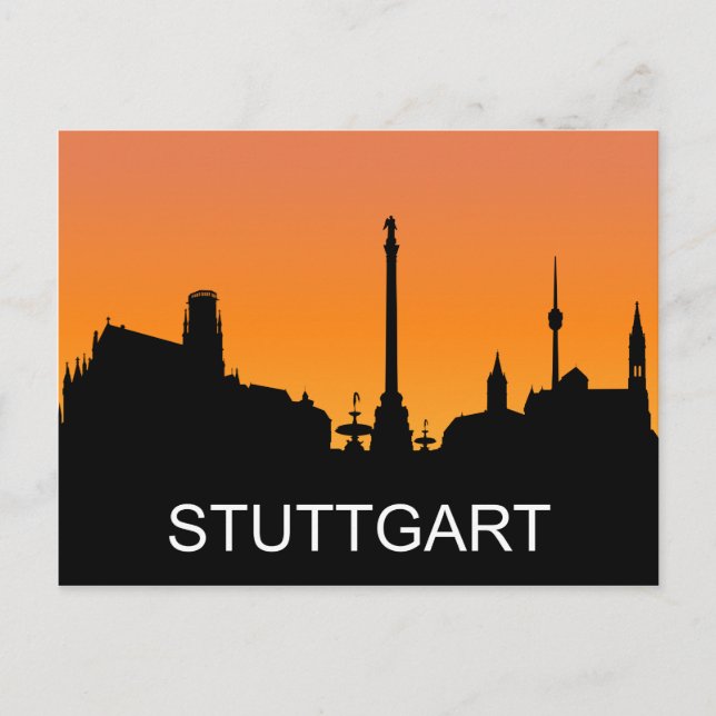 Stuttgart silhouette, sommarsolnedgång, illustrati vykort (Framsida)