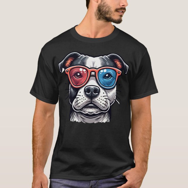Stviddshire Bull Dog with Glass Pop Art Stil T Shirt (Framsida)