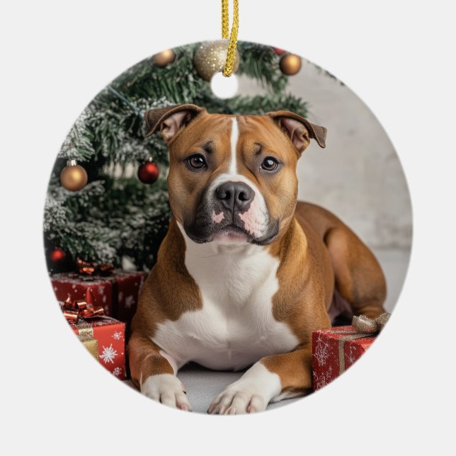 Stviddshire Bull Terrier jul Julgransprydnad Keramik (Framsidan)