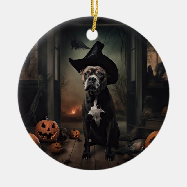 Stviddshire Terrier Pumpkins Halloween Scary Julgransprydnad Keramik (Framsidan)