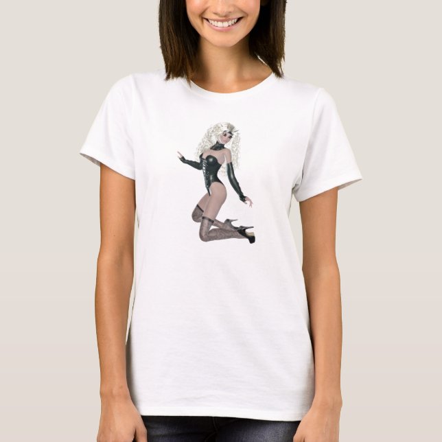 Stygg kvinna i svart läderdamunderkläder t-shirt (Framsida)